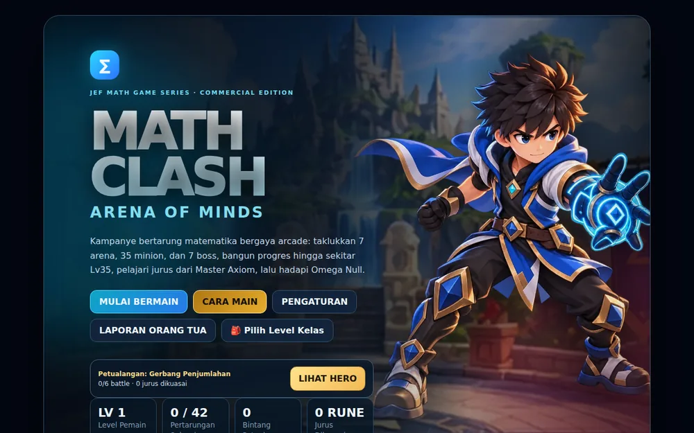 Tampilan game Math Clash: Arena of Minds dengan karakter pahlawan