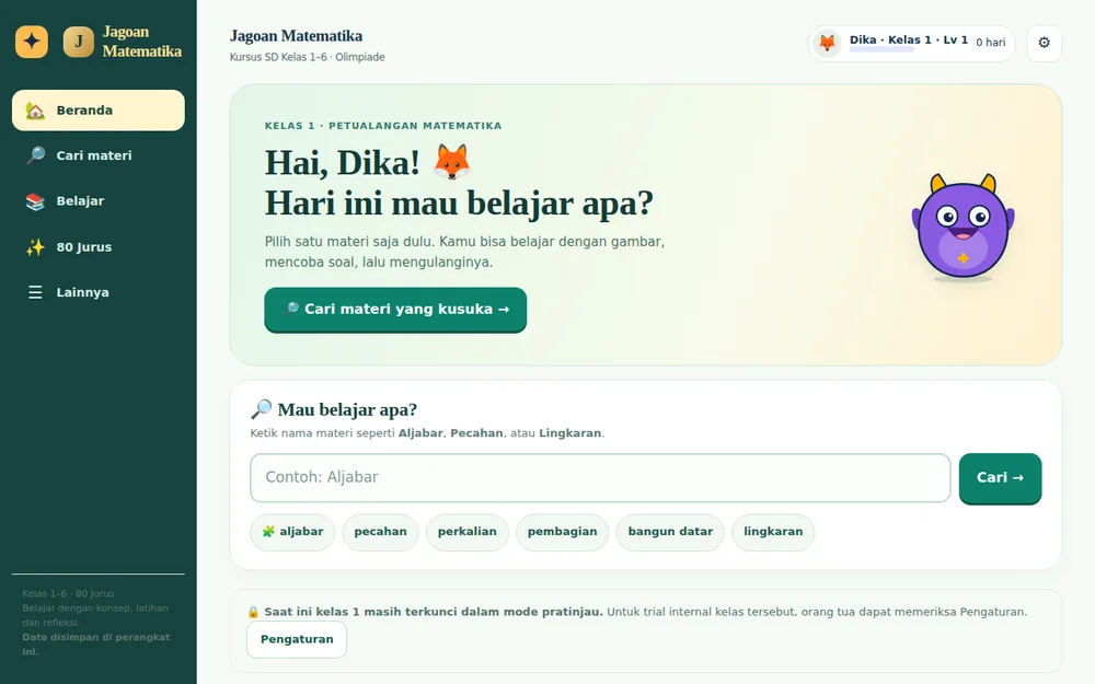 Tampilan beranda kursus Jagoan Matematika SD